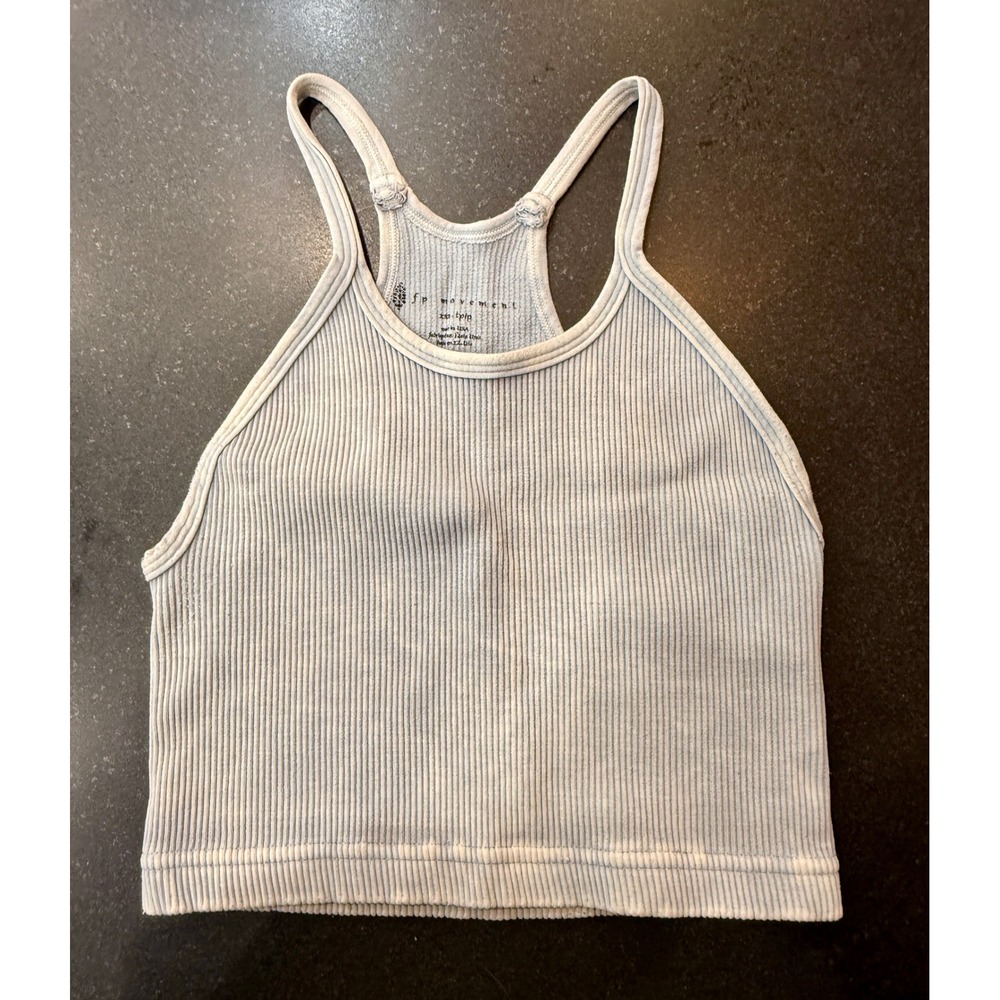 FP Movement Happiness Runs Crop Tank XS/S Blue Ribbed Racerback Mineral Wash